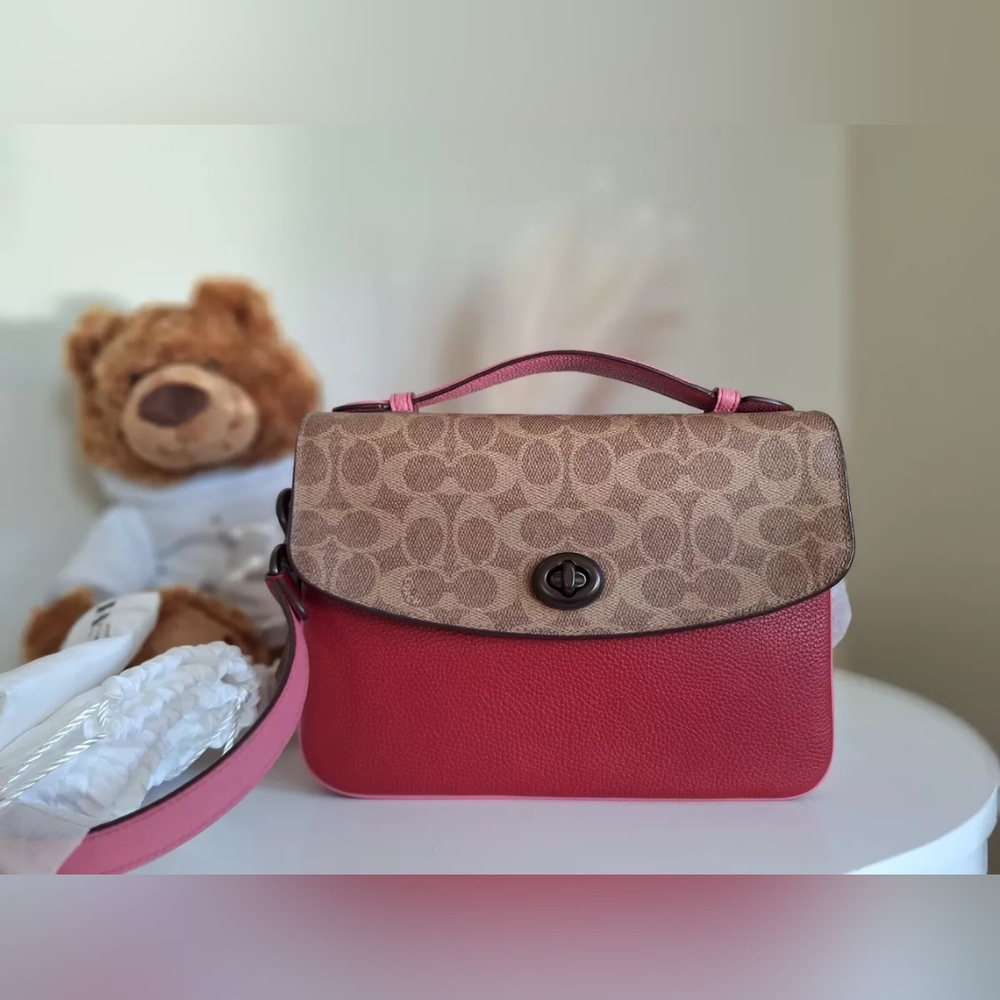 Coach Cassie Signature Monogram Colorblock Tan Pink Red Crossbody Purse Bag